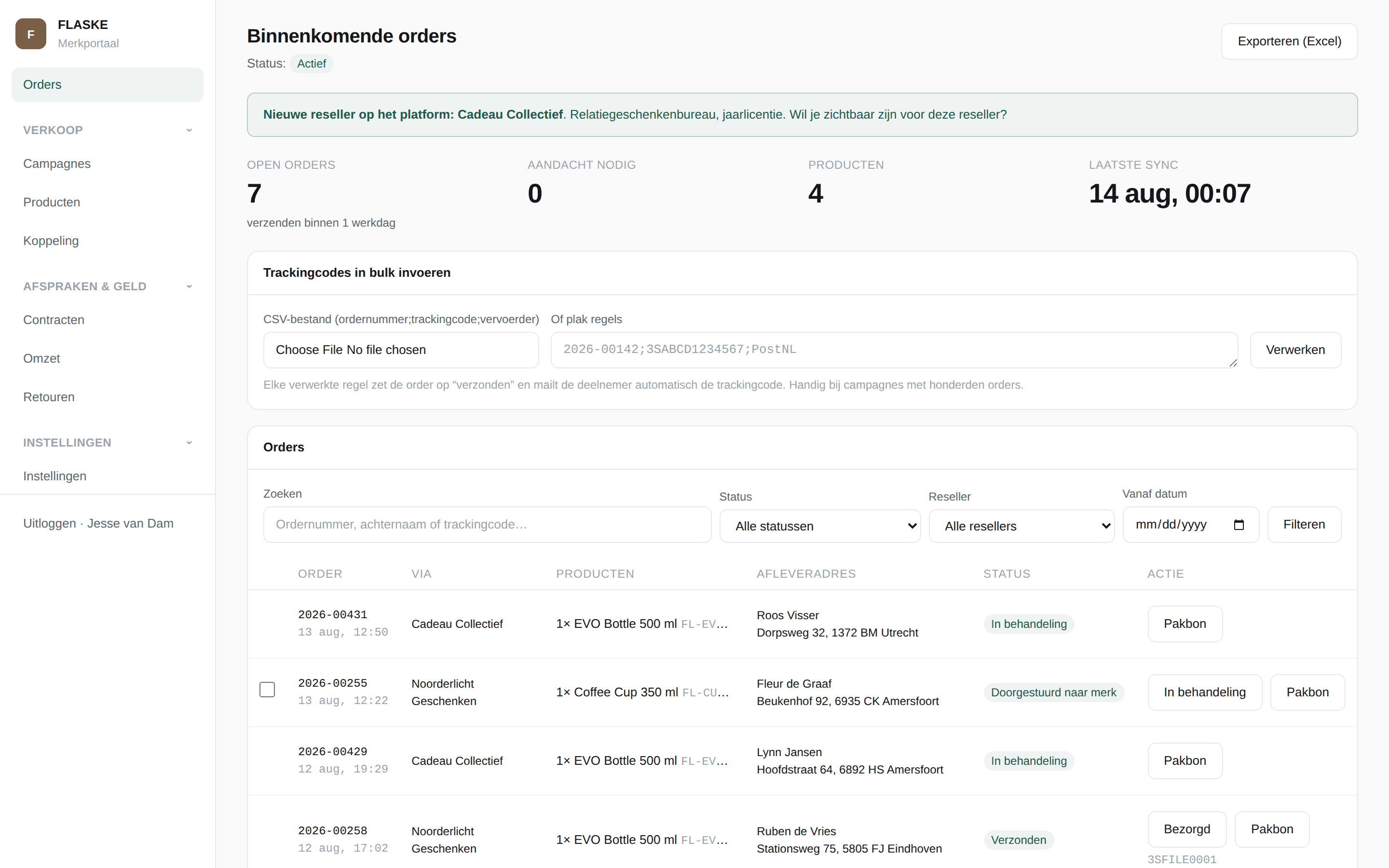 Het merkportaal: binnenkomende orders met afleveradres en status