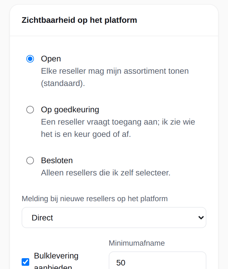 Zichtbaarheidsinstellingen van een merk: open, op goedkeuring of besloten
