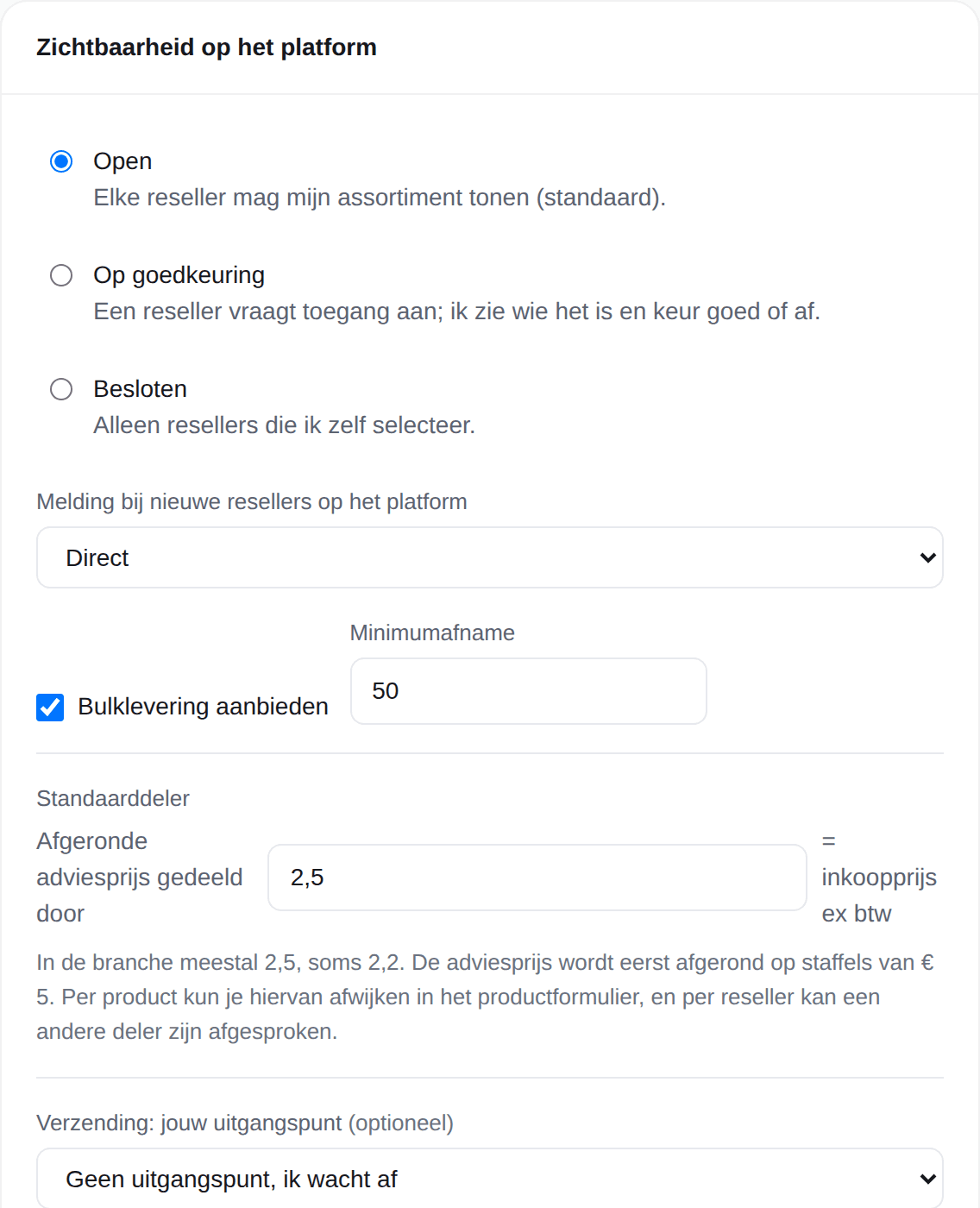 Zichtbaarheidsinstellingen van een merk: open, op goedkeuring of besloten