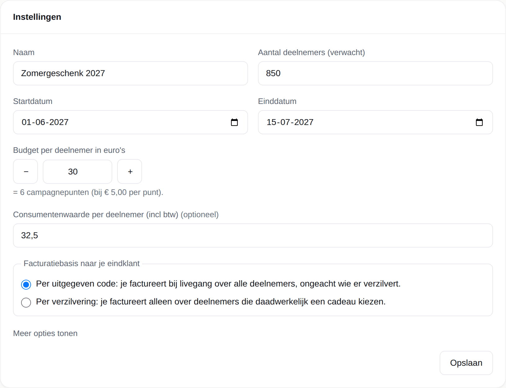 Het campagneformulier in het resellerportaal, met de consumentenwaarde per collega en de punteninstelling