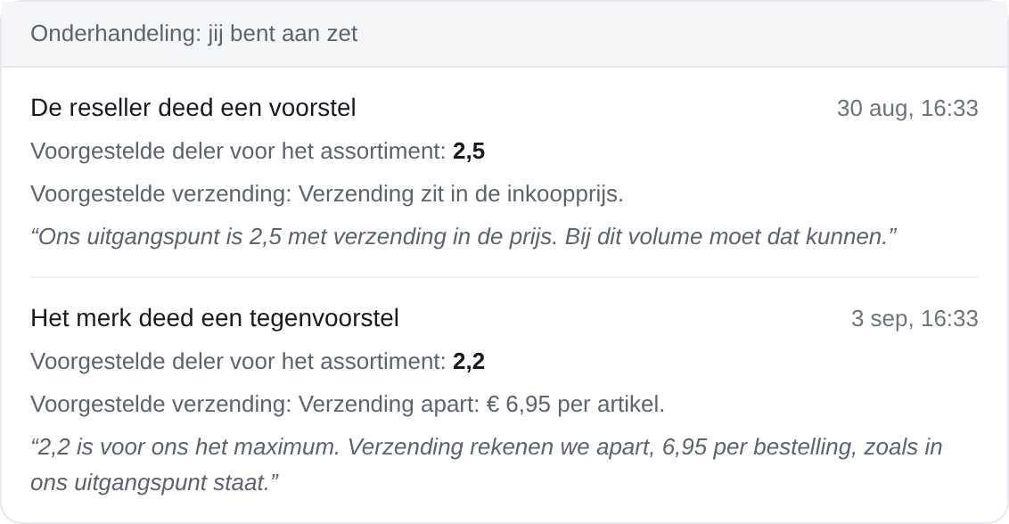 De onderhandeling met een merk: het voorstel van de reseller met deler en verzending, en het tegenvoorstel van het merk eronder